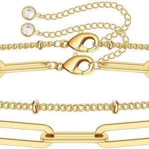 Dainty Gold Bracelets for Women, 14K Gold Plated Adjustable Layered Bracelet Cut